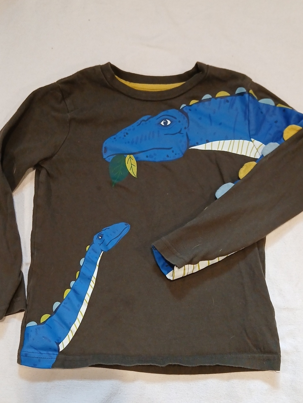 Mini Boden Brown Long-Sleeve Tee with Blue Dino Print
